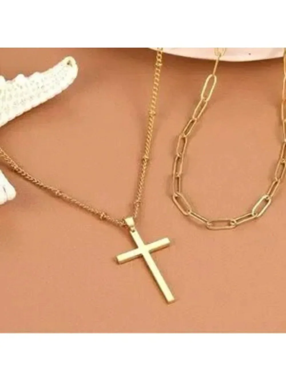 GOLD 14k Plated 2pc Cross Chain Necklace